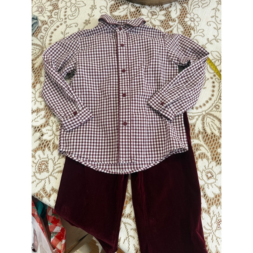 Edgehill Collection Boys Burgundy‎ Gingham Shirt and Velvet Pants Set Size 5